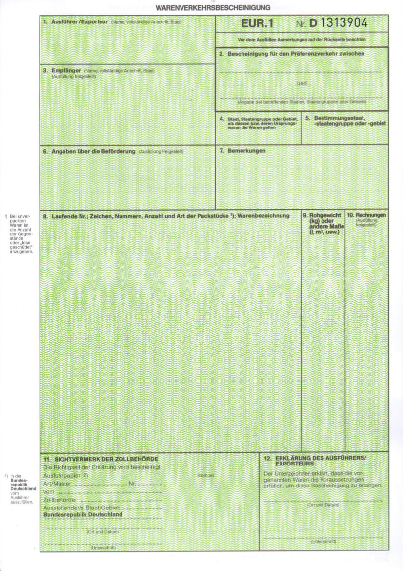 EUR.1 Warenverkehrsbescheinigung